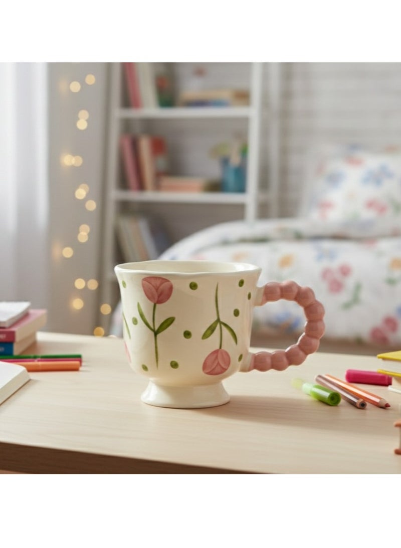Elegant ceramic mug in a creamy color with pink floral patterns and green branches, 400 ml capacity, stable base, and a comfortable handle for everyday use. - Image 4